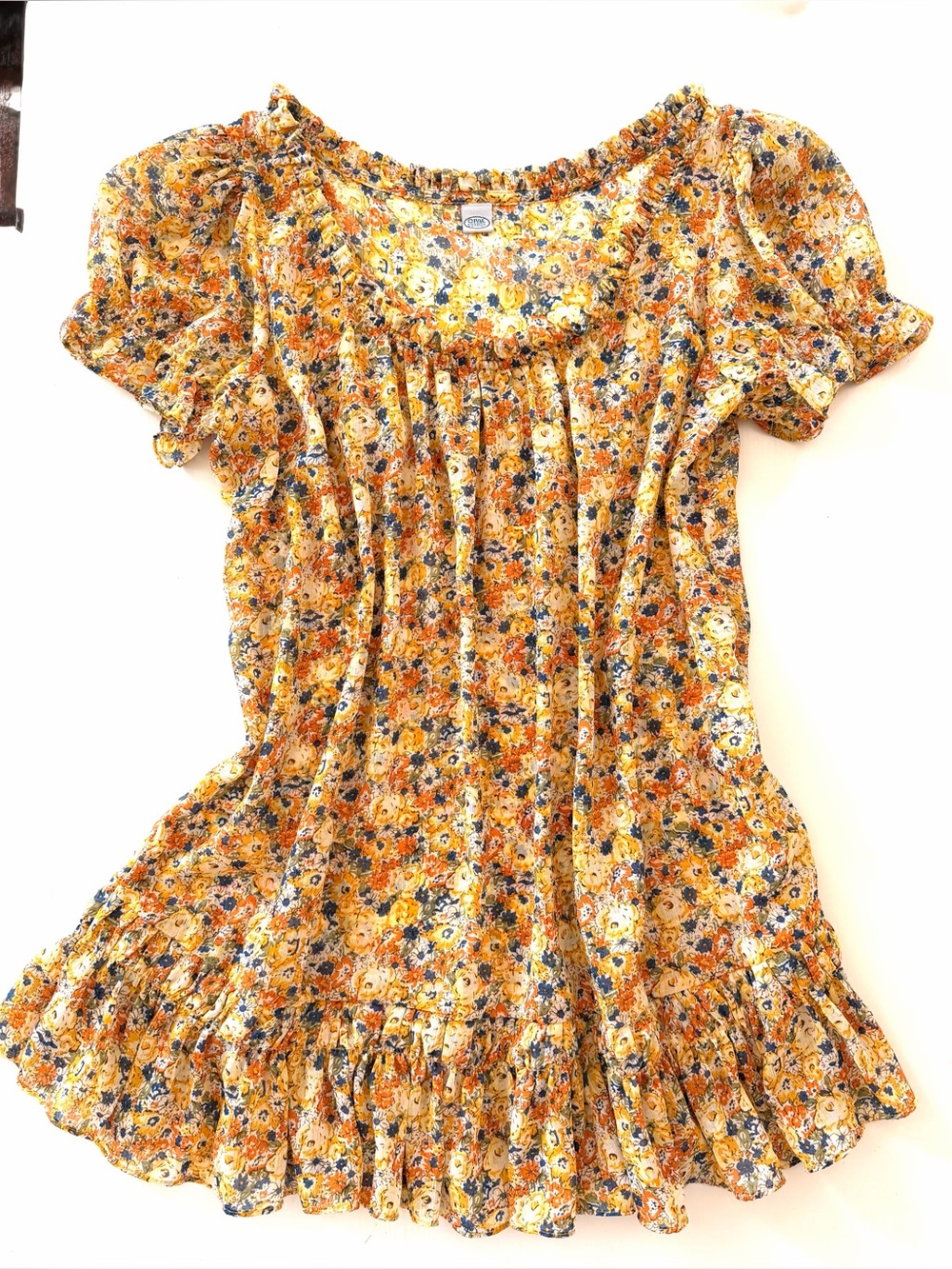 Anthropology peasant style tunic top/baby doll crinkle chiffon ruffled hem jr. L